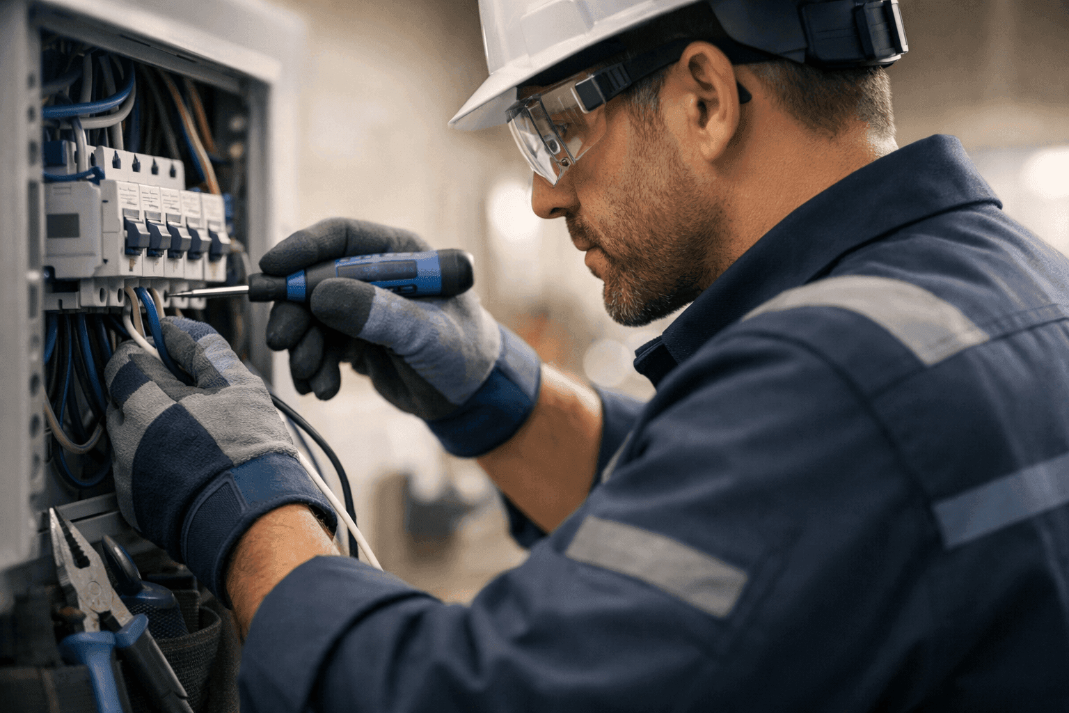 Electrician wearing safety gear inspecting electrical panel at clean job site