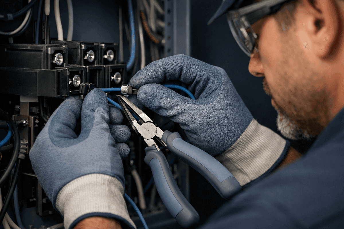Close-up of electrician’s gloved hands connecting wires inside modern electrical panel