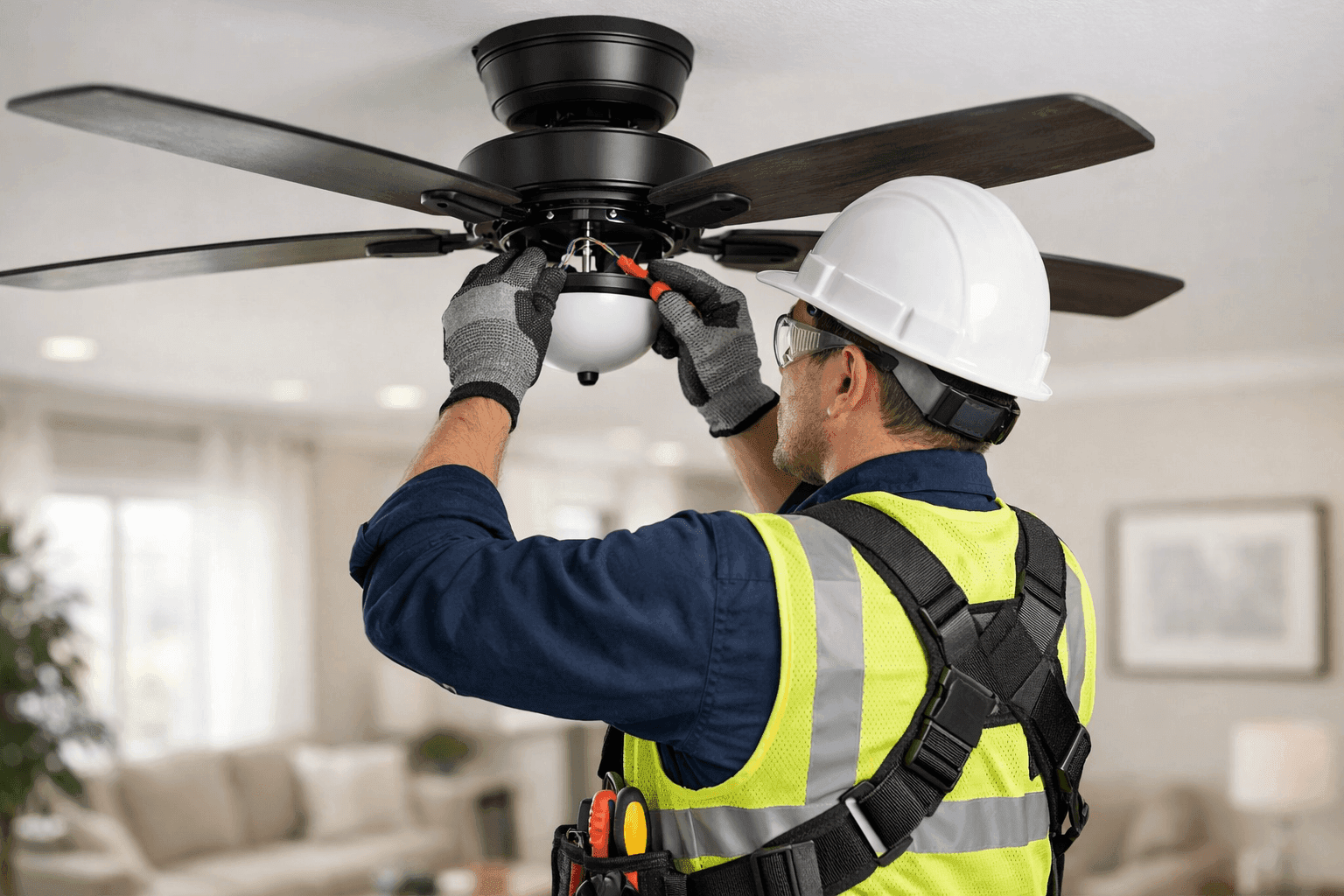 Electrician installing a modern ceiling fan in a living room