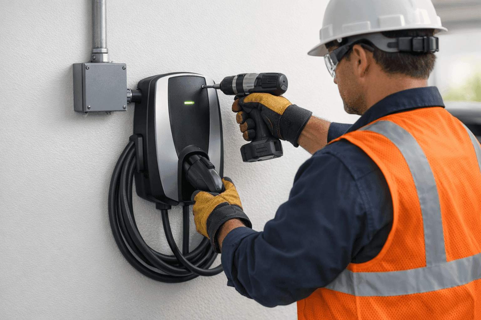 Electrician installing EV charger in garage
