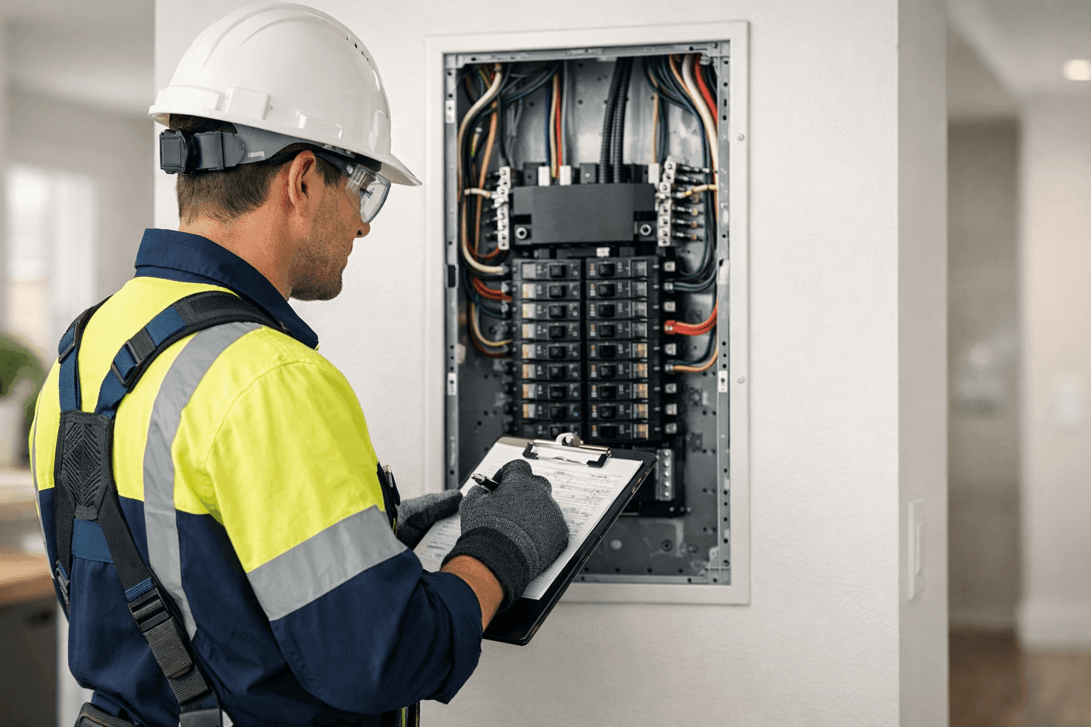 Electrician examining residential electrical panel for safety compliance
