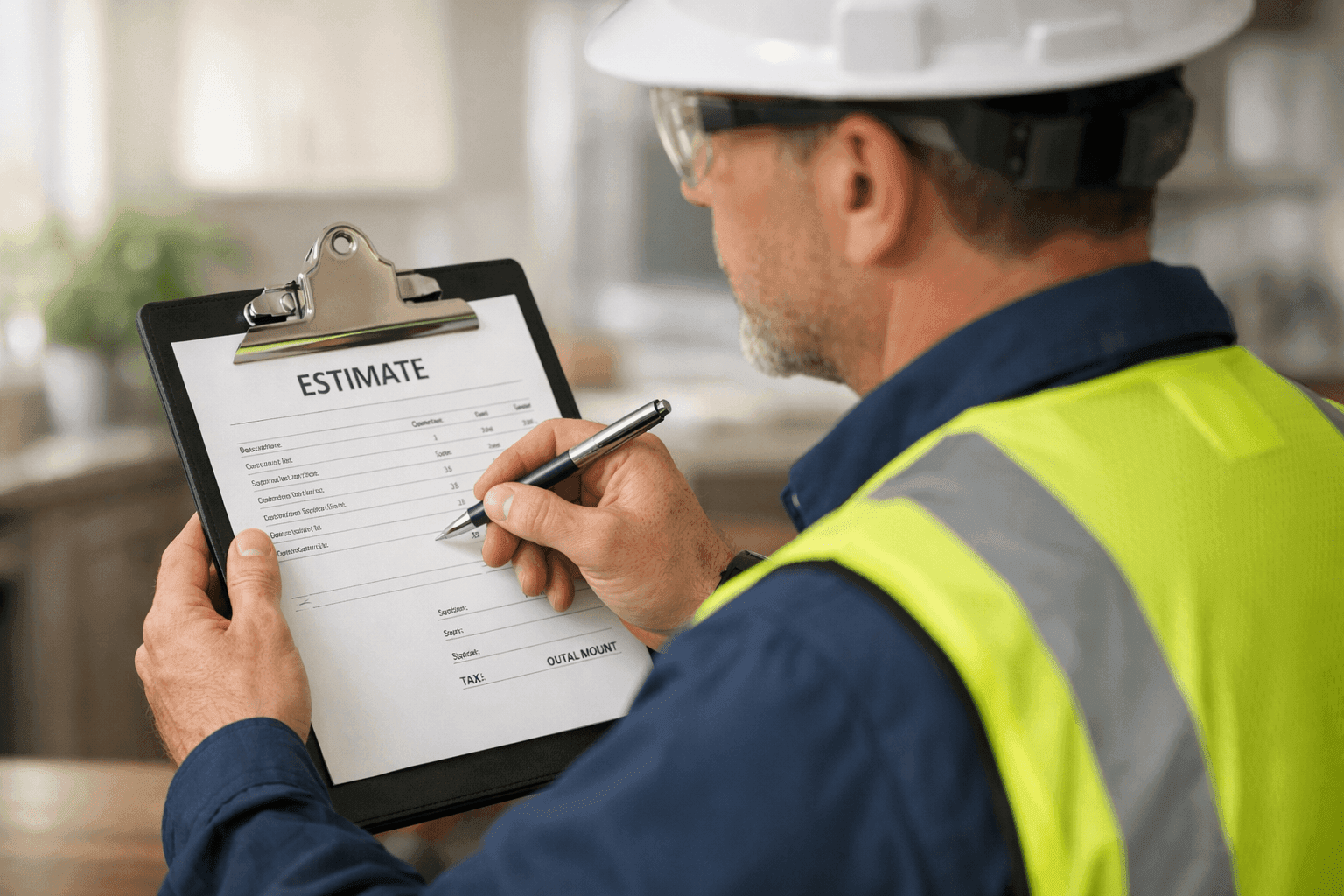 Electrician reviewing estimate paperwork on clipboard