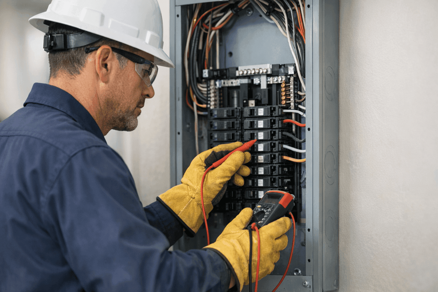 Electrician inspecting an electrical panel for signs of wear