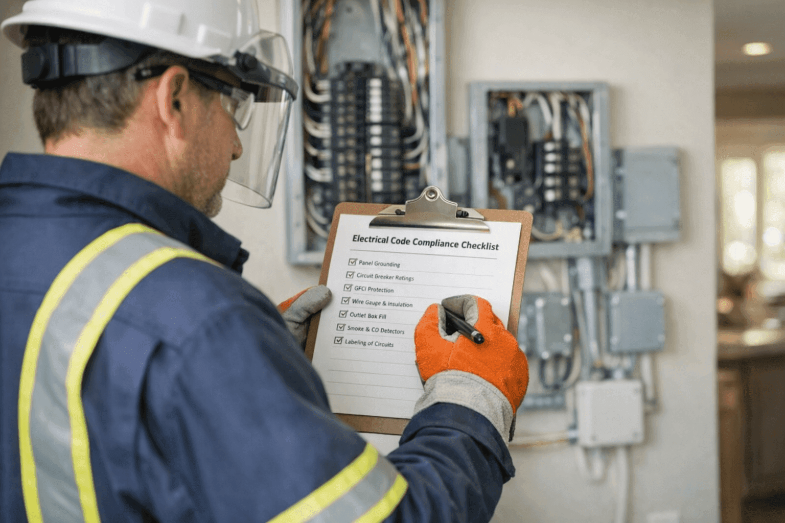 Electrician reviewing electrical code compliance checklist at home