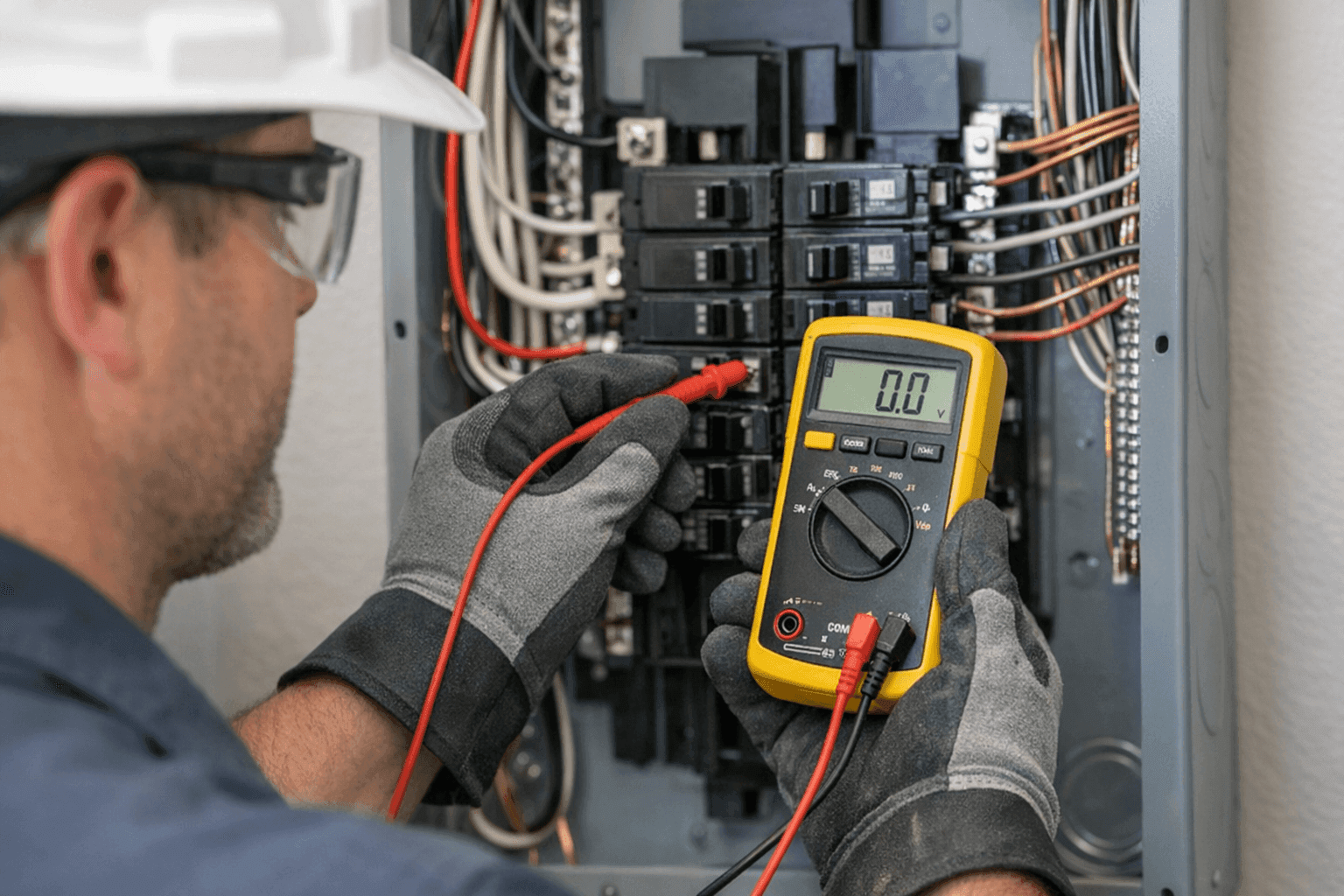 Electrician using digital multimeter to diagnose an electrical fault