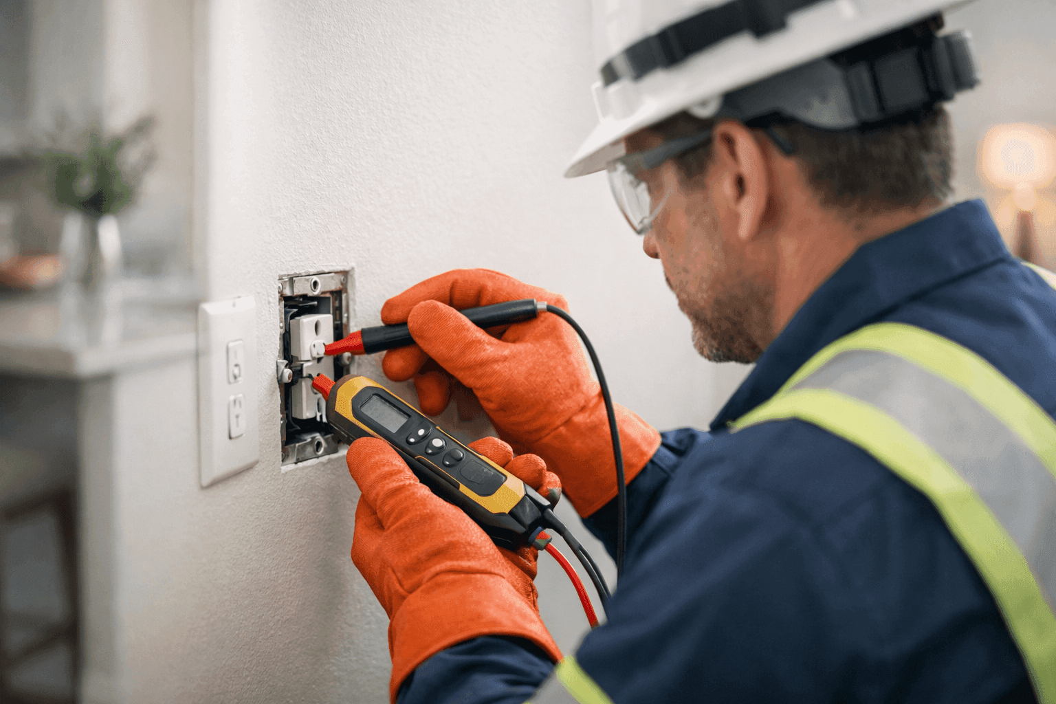 Electrician performing routine electrical inspection in home