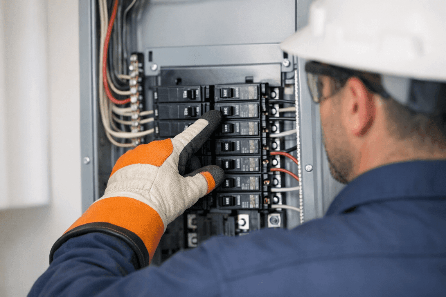 Electrician pointing out breakers and panel components