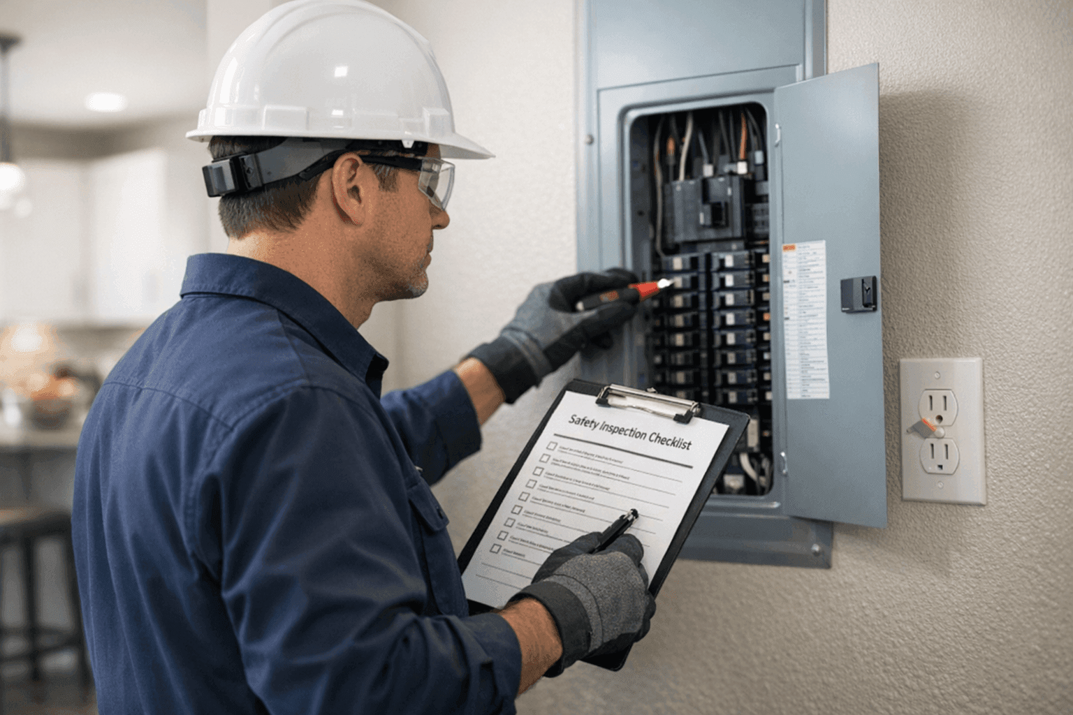 Electrician conducting a home electrical safety inspection with checklist