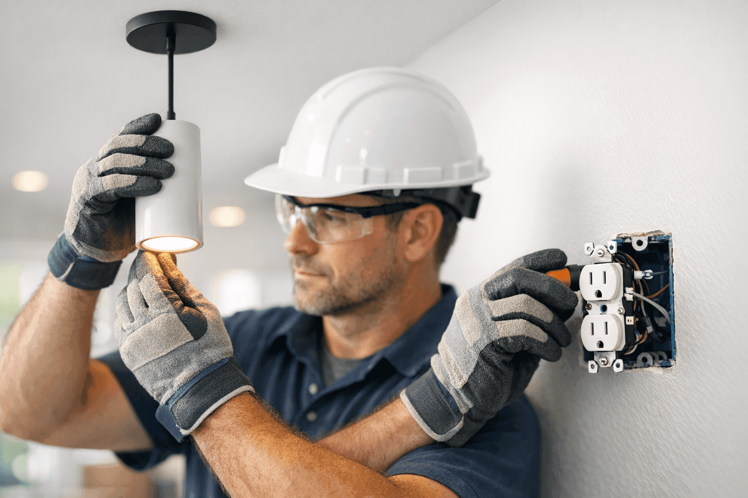 Electrician upgrading lighting and outlets in home renovation