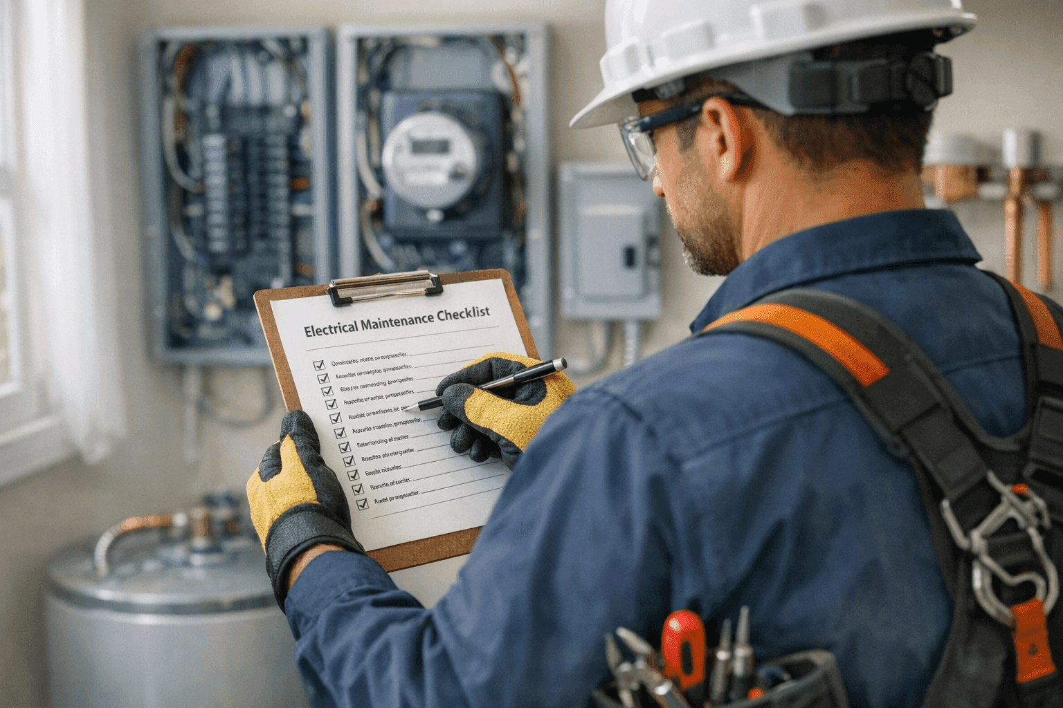 Electrician reviewing electrical maintenance checklist in home