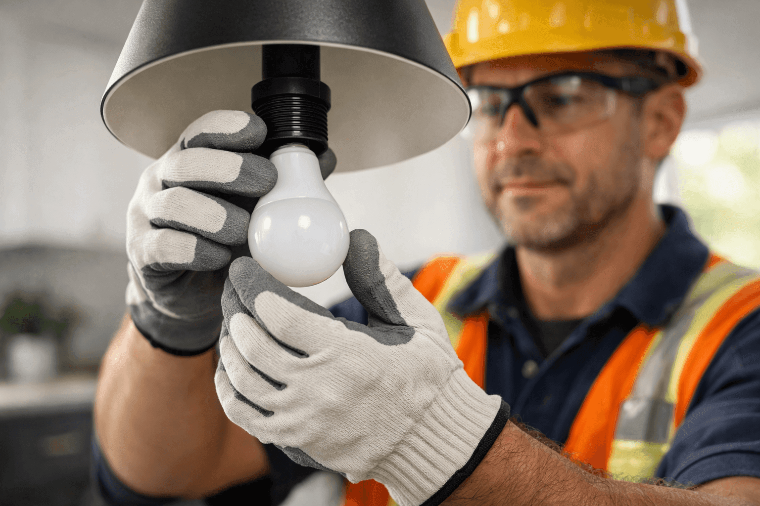 Electrician installing energy efficient LED bulb in lamp