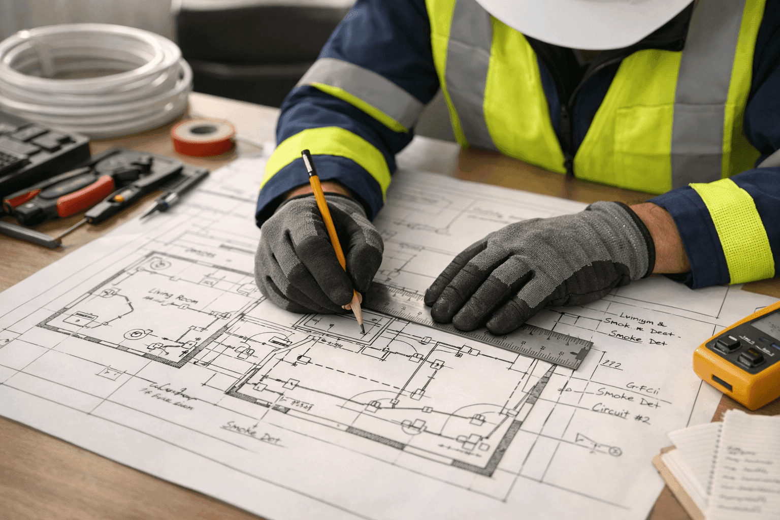 Electrician drawing home electrical plans for energy efficiency