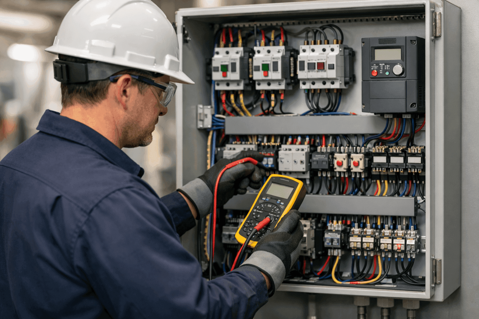 Electrician troubleshooting motor control system in industrial facility