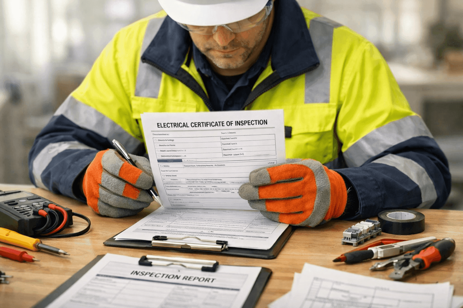 Electrician reviewing electrical certificate documentation