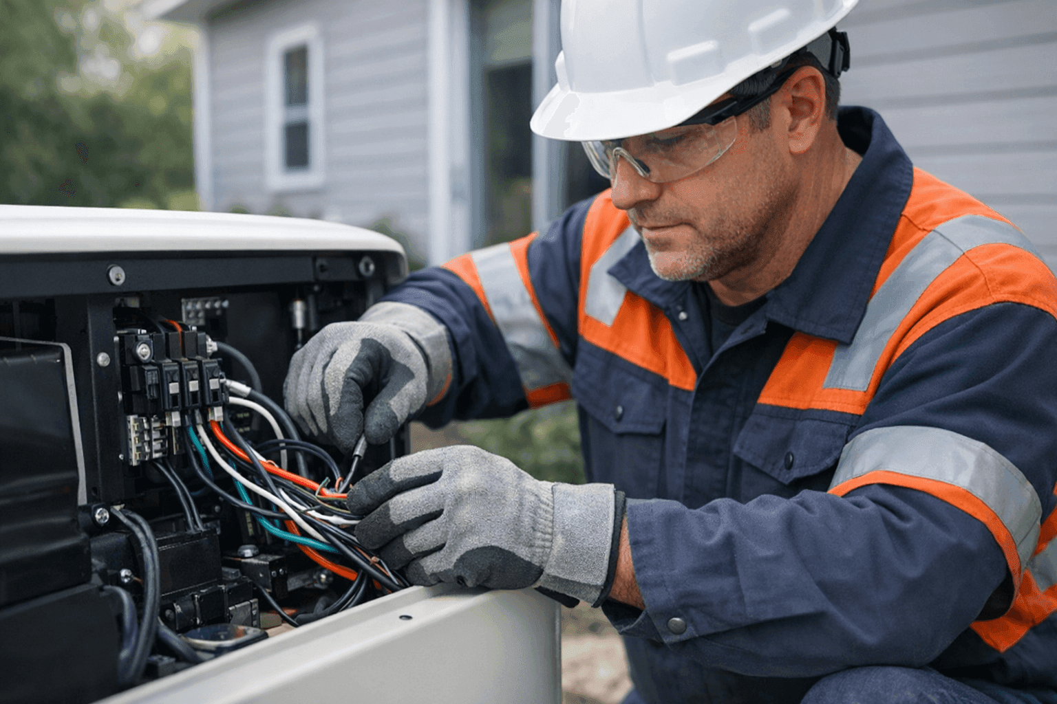 Electrician wiring a standby generator outside home