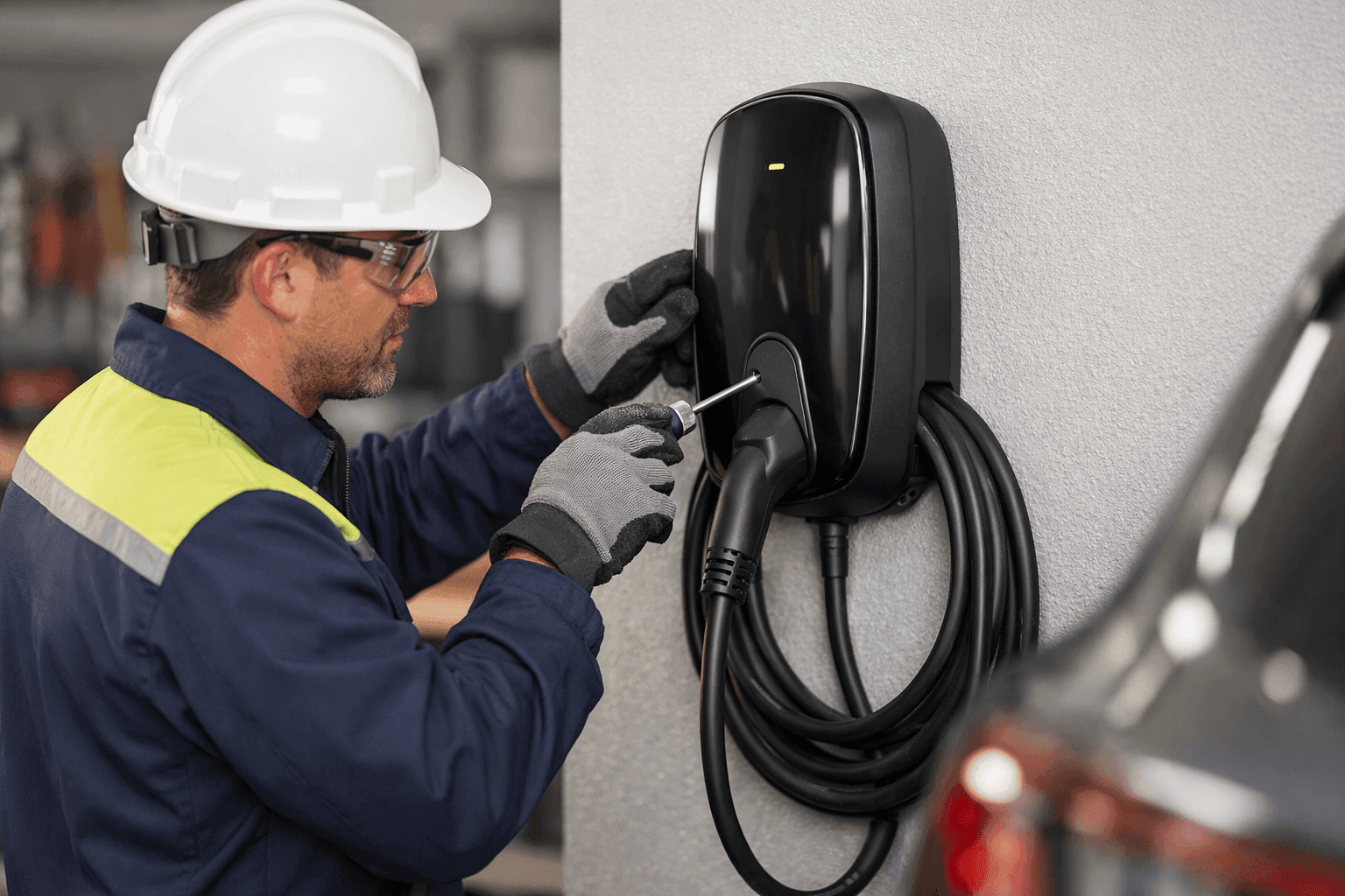 Electrician installing an EV charger in a residential garage