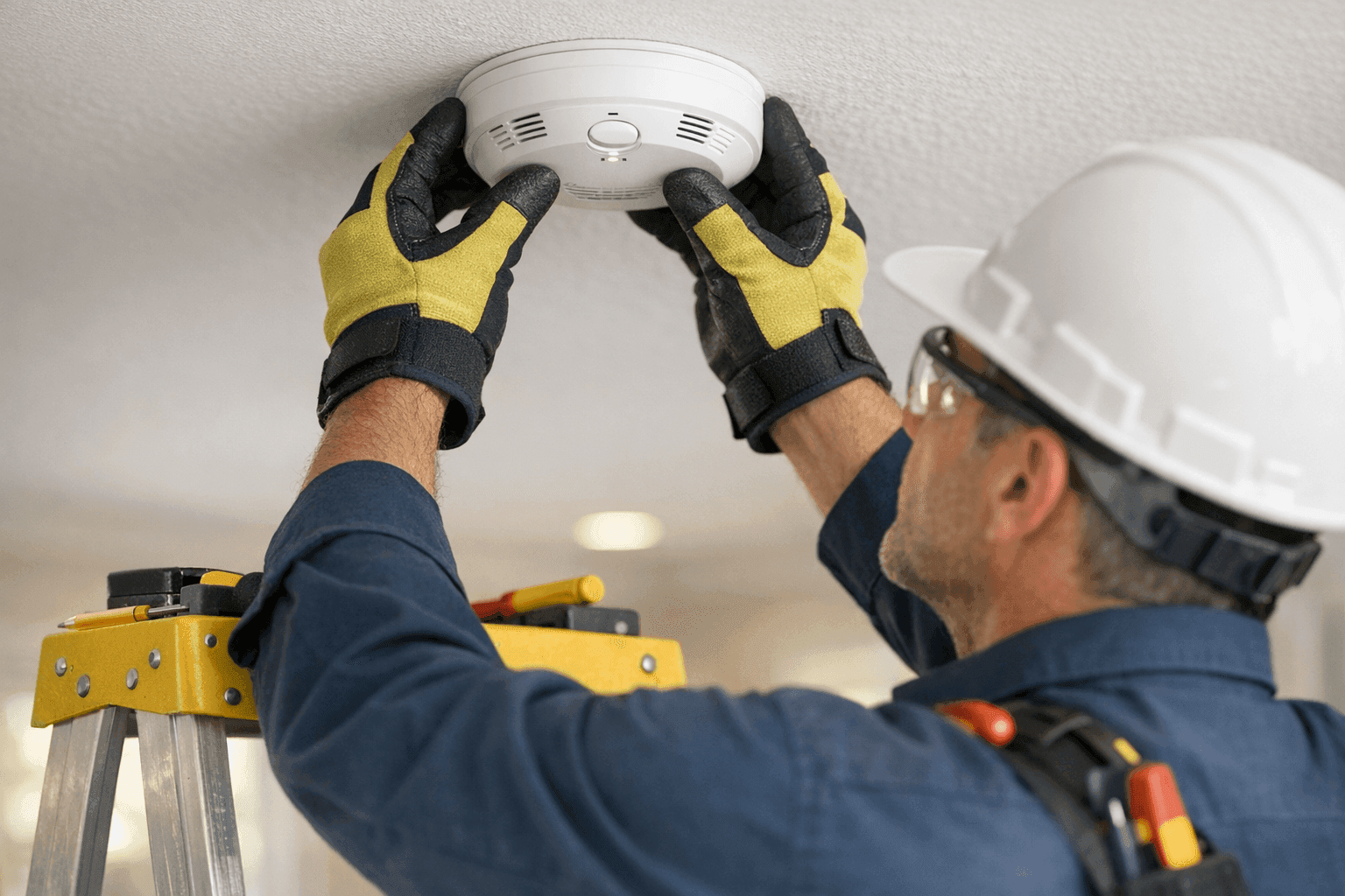 Electrician installing a smoke and carbon monoxide detector on ceiling