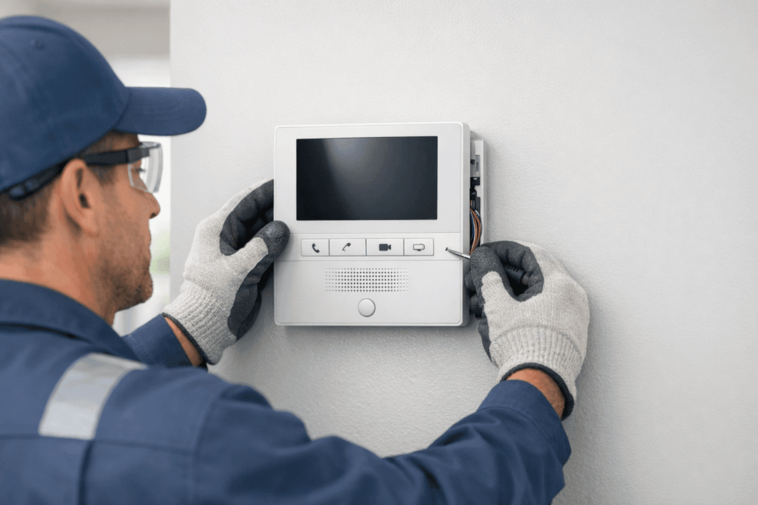 Electrician installing home intercom system in hallway