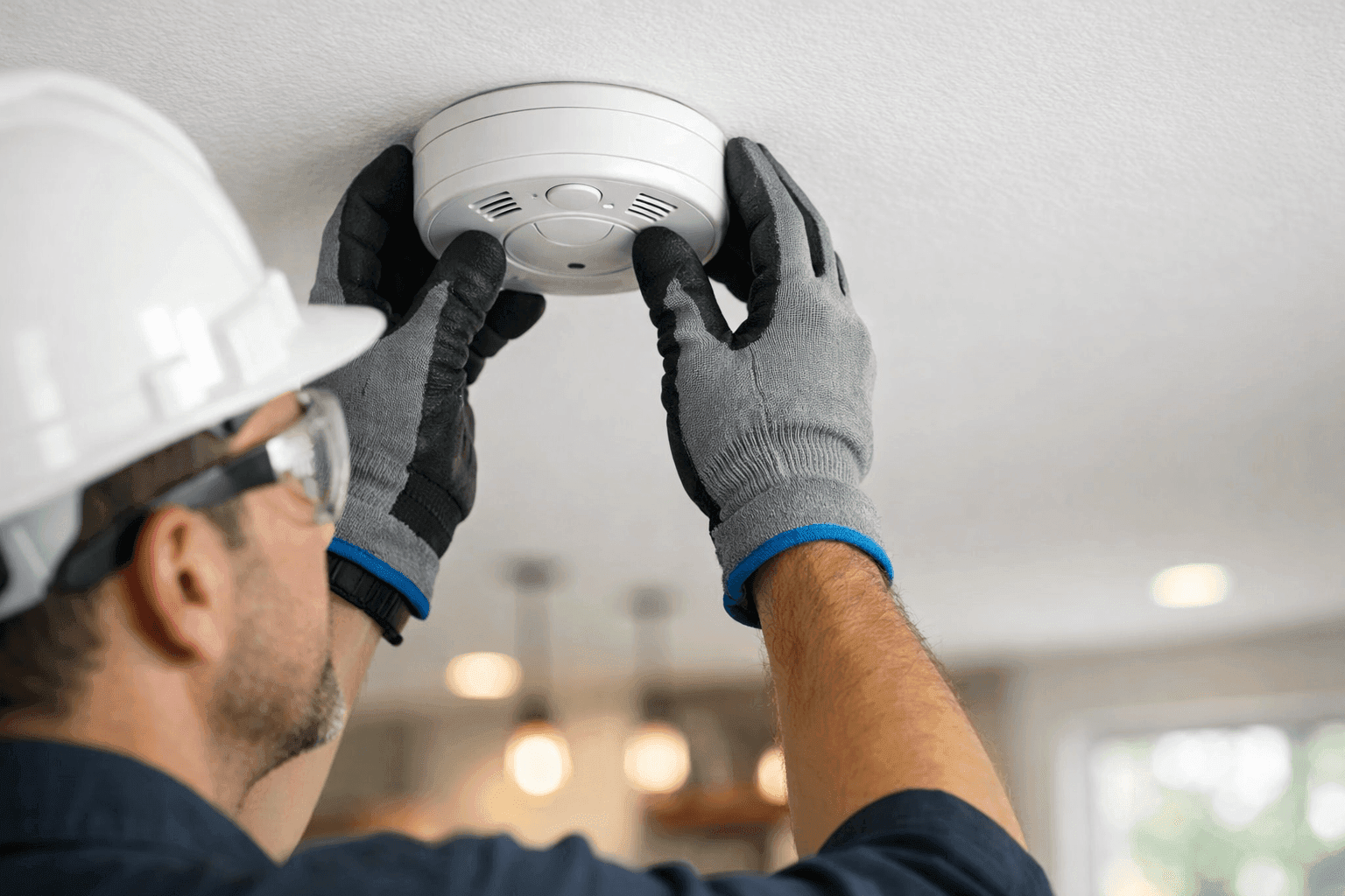 Electrician installing smoke and CO detector on ceiling