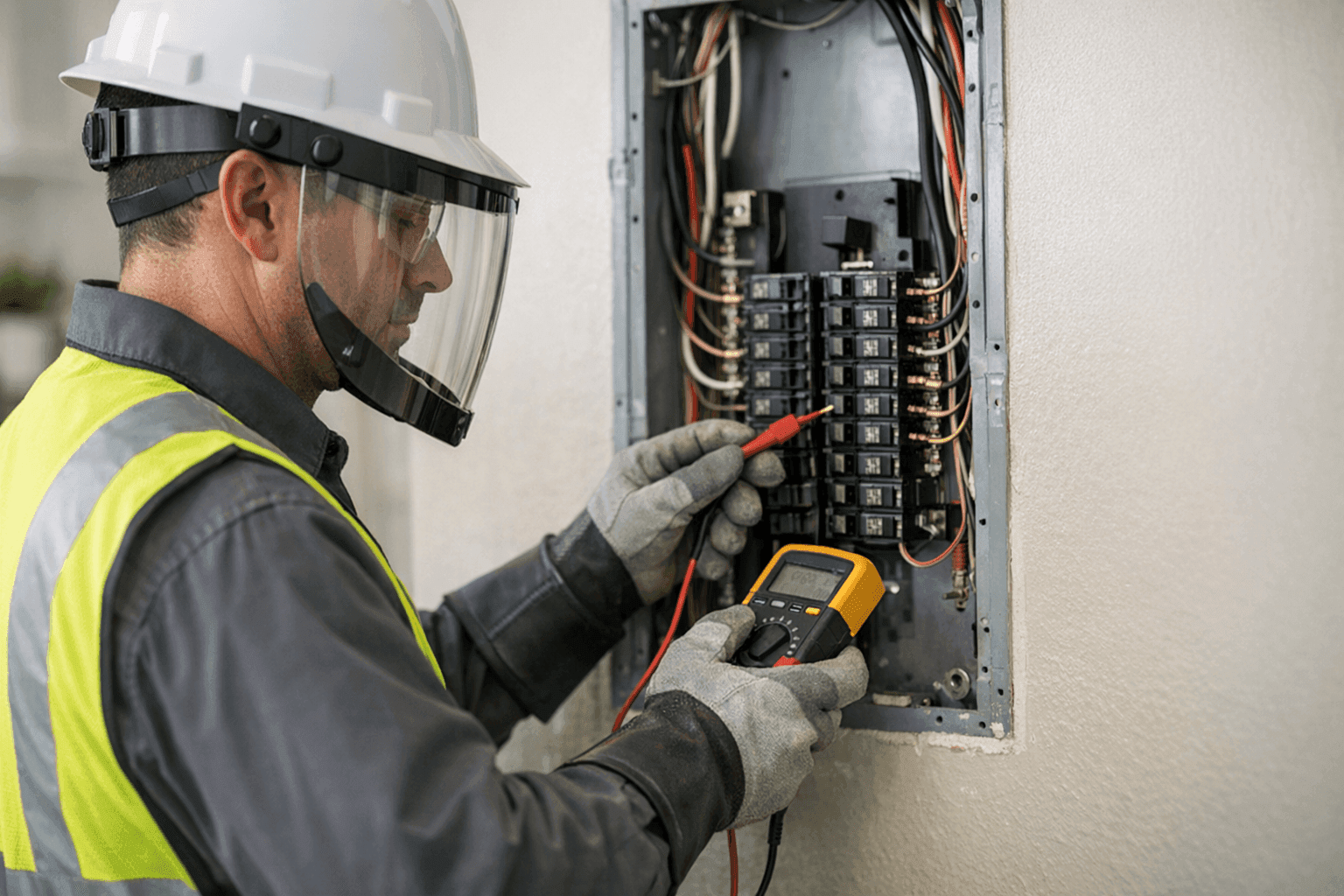 Electrician preparing home electrical system for safety inspection