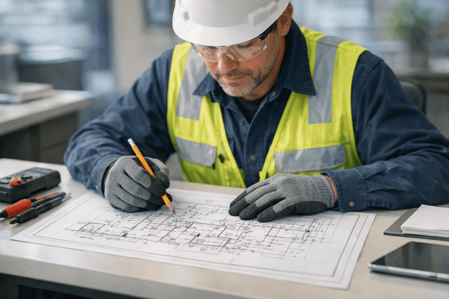 Electrician reviewing commercial renovation plans in office