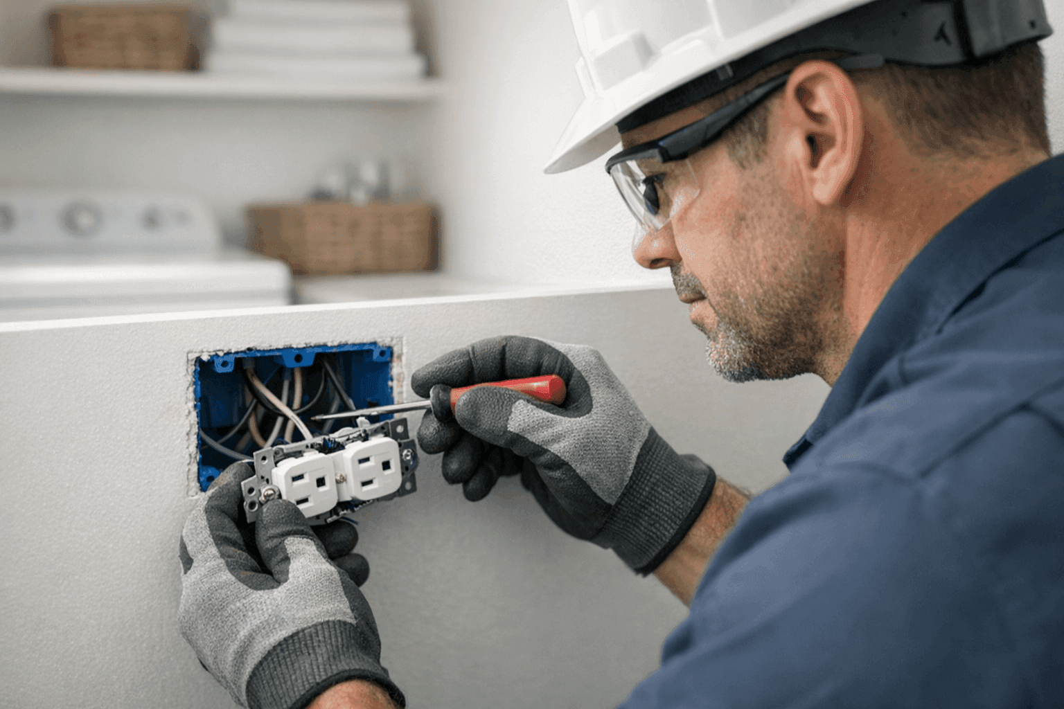 Electrician installing safe outlets and wiring in laundry room