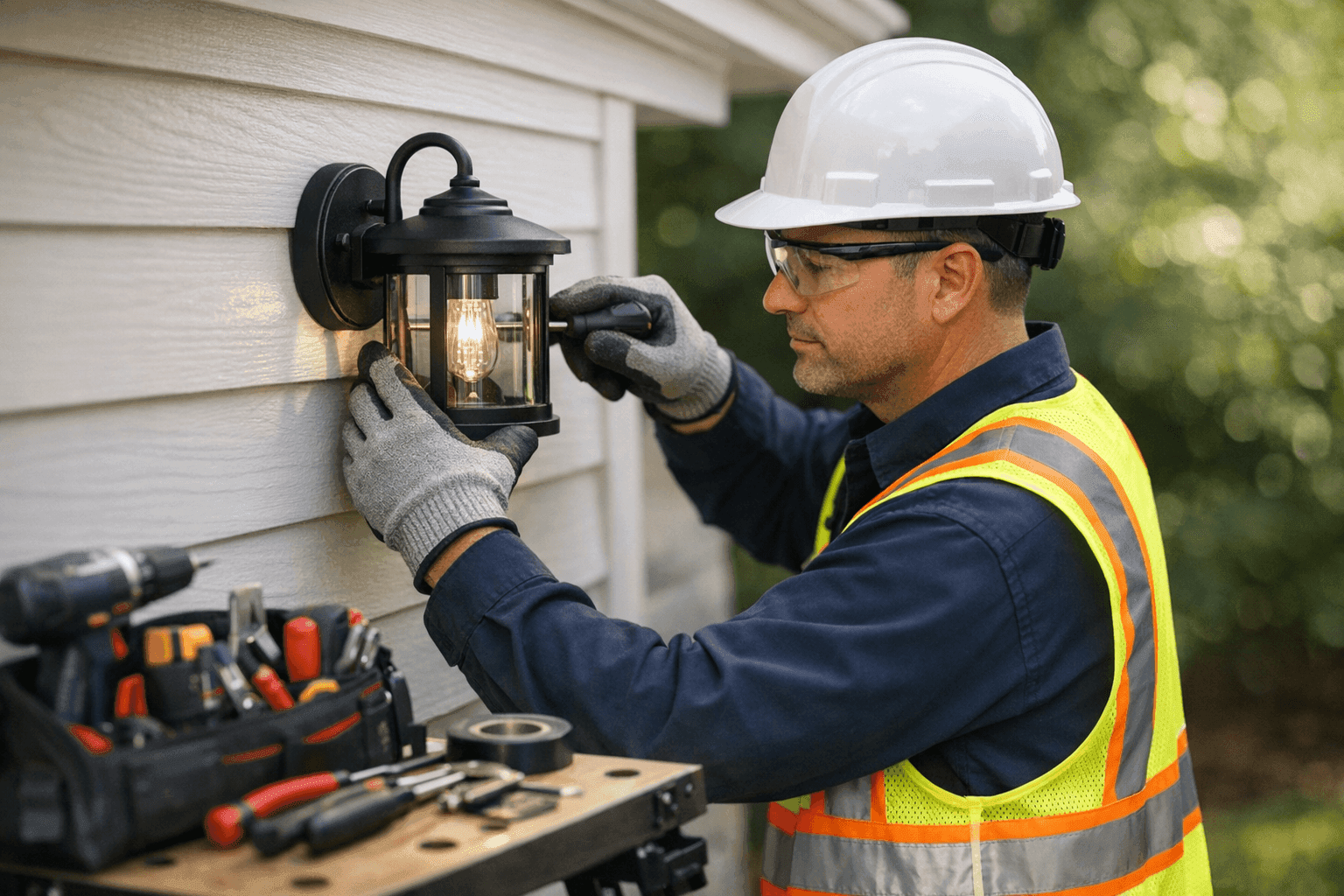 Electrician installing weatherproof outdoor lighting fixtures