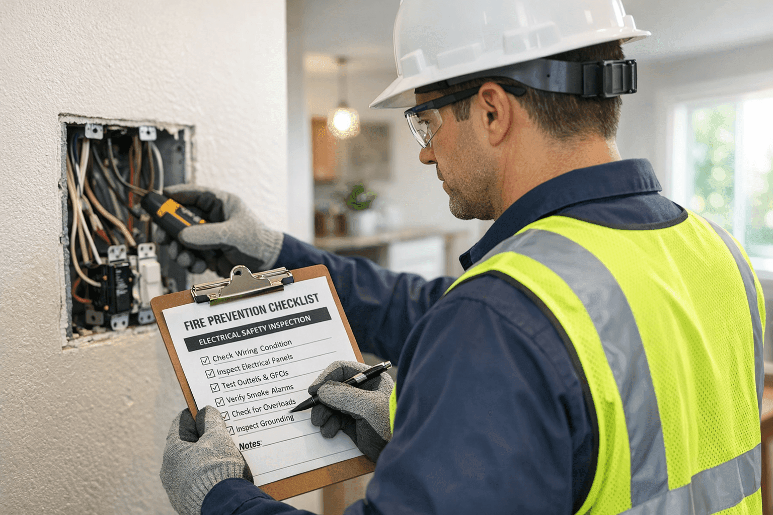 Electrician inspecting wiring with fire prevention checklist