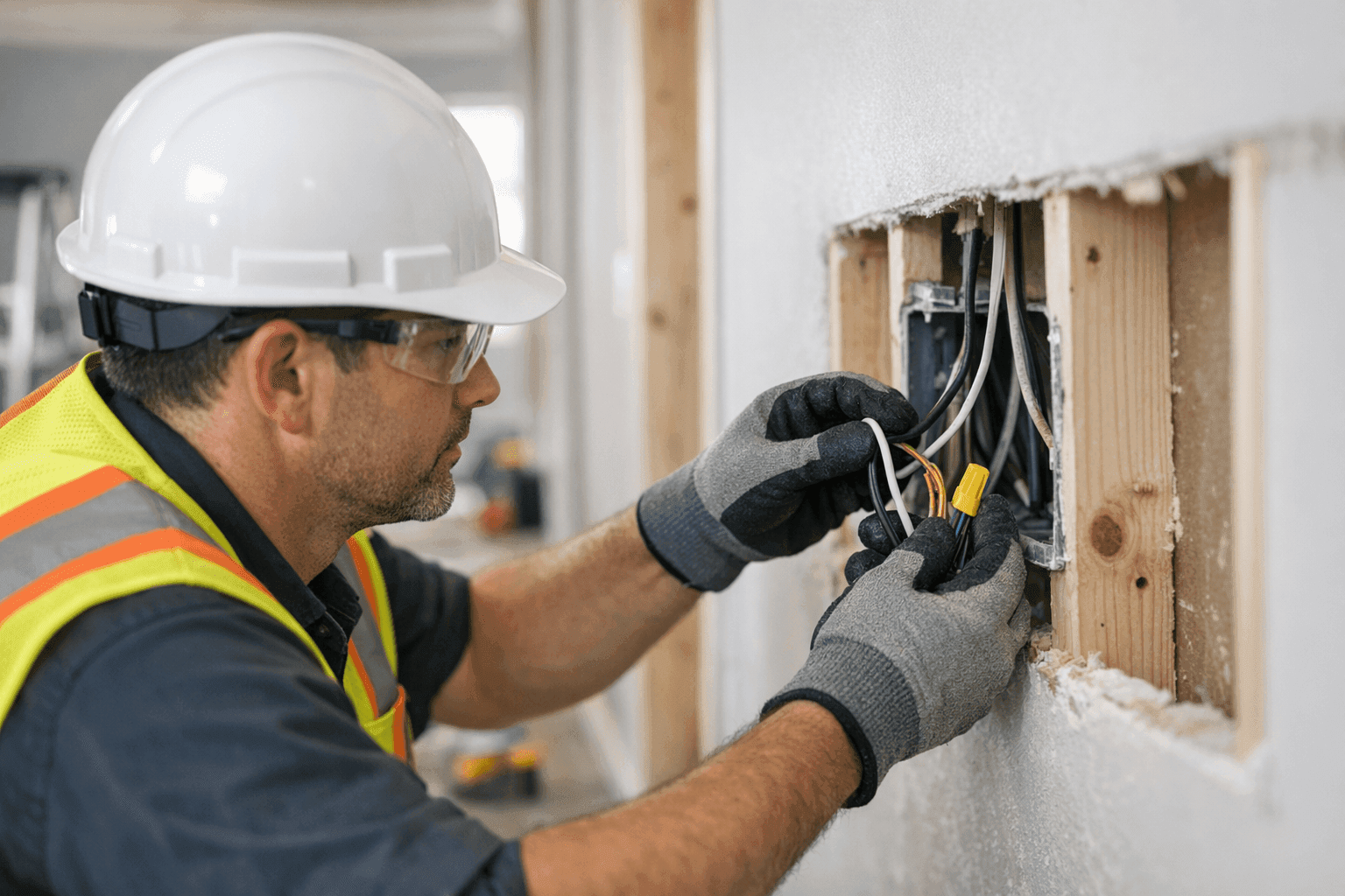 Electrician inspecting exposed wiring during home renovation