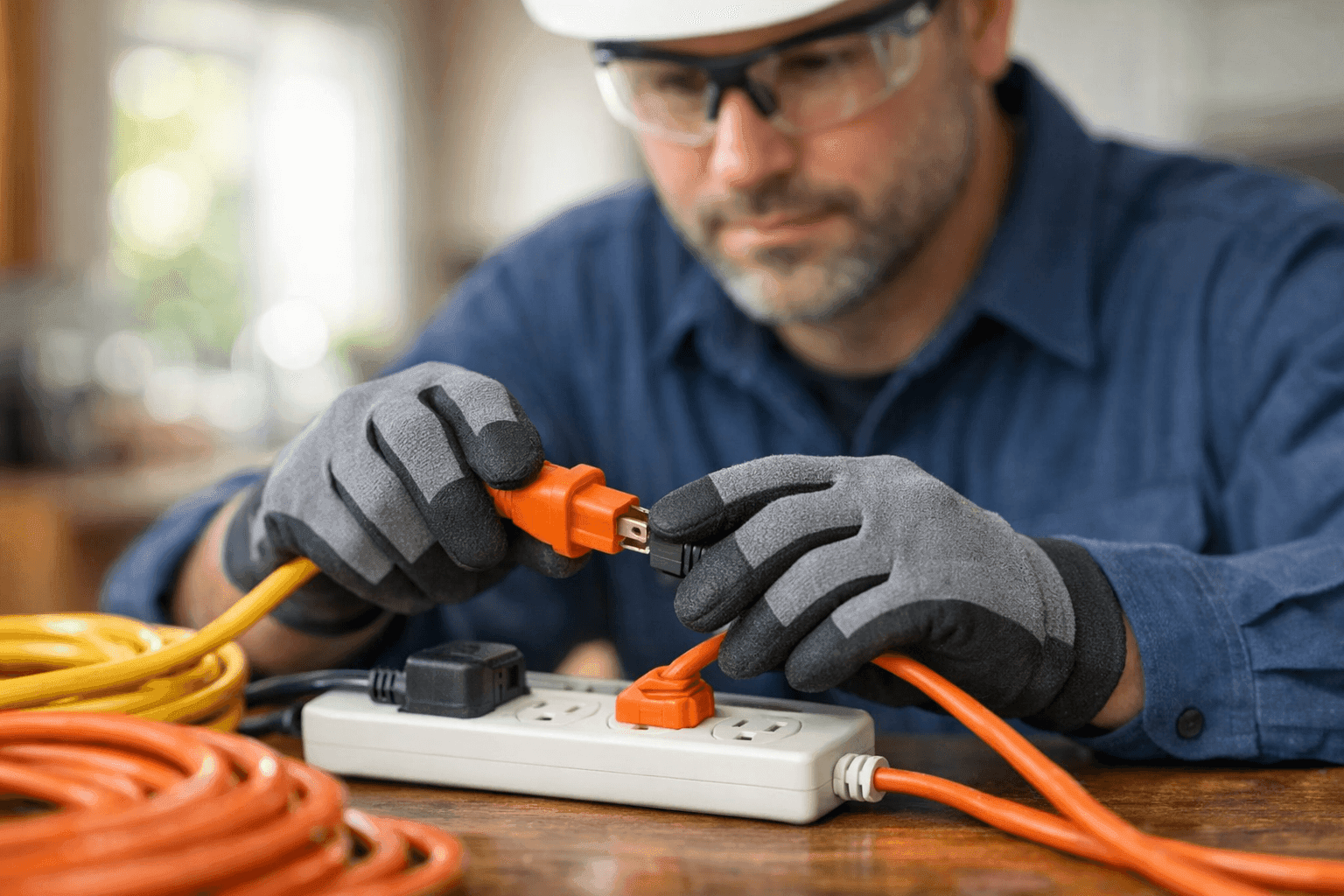 Electrician inspecting extension cord usage for safety in home