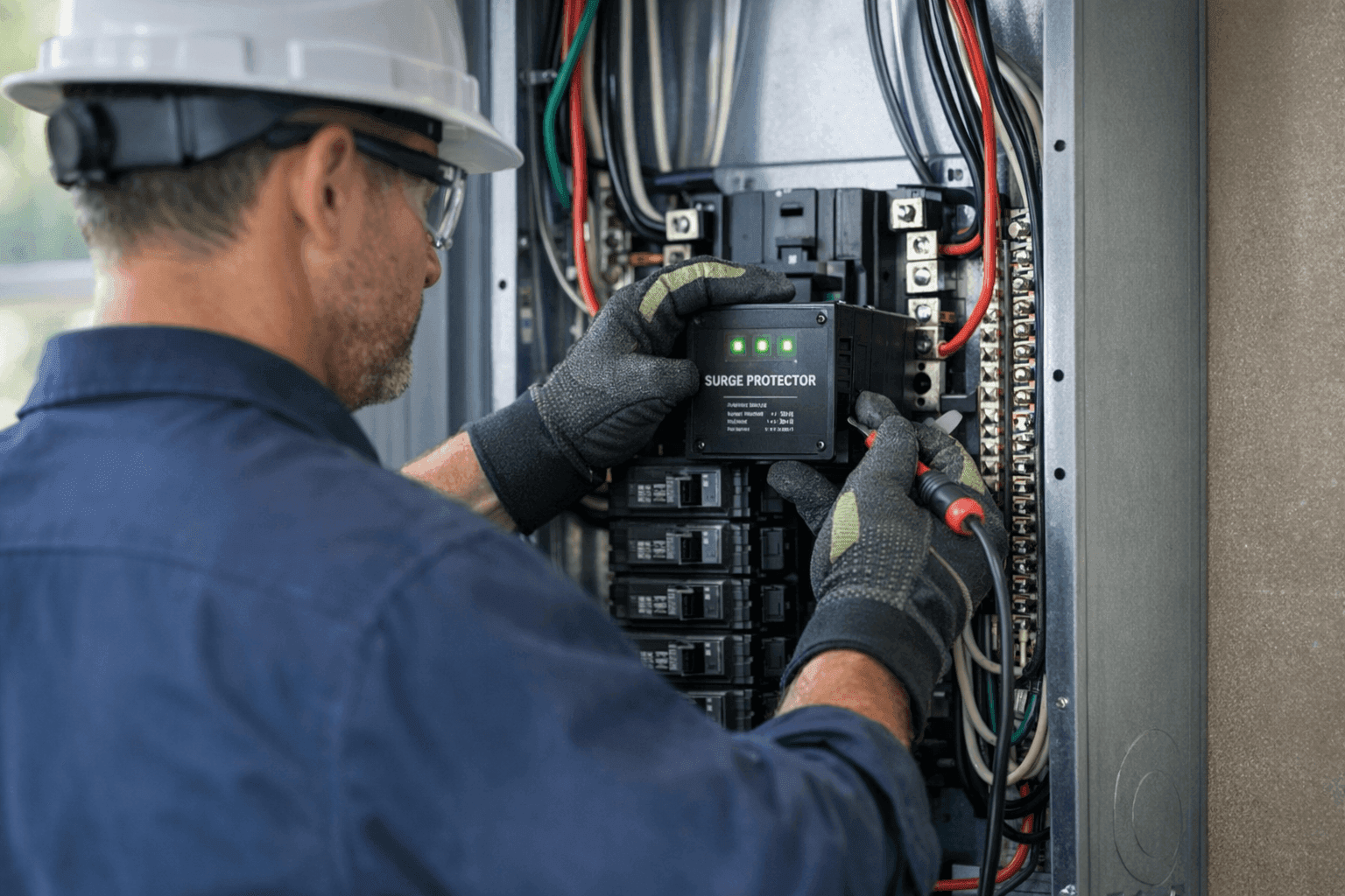 Electrician installing surge protection during storm prep