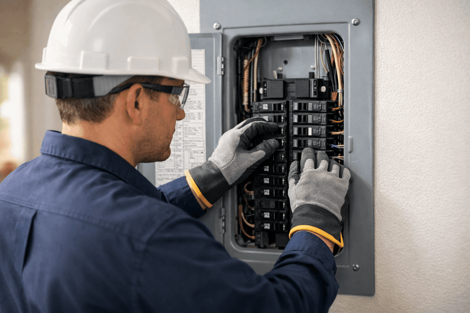 Electrician checking circuit load at breaker panel