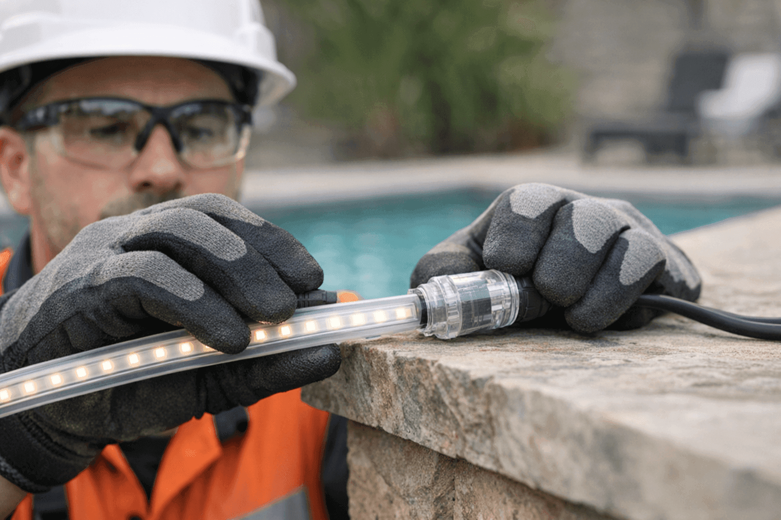 Electrician installing safe lighting in pool area