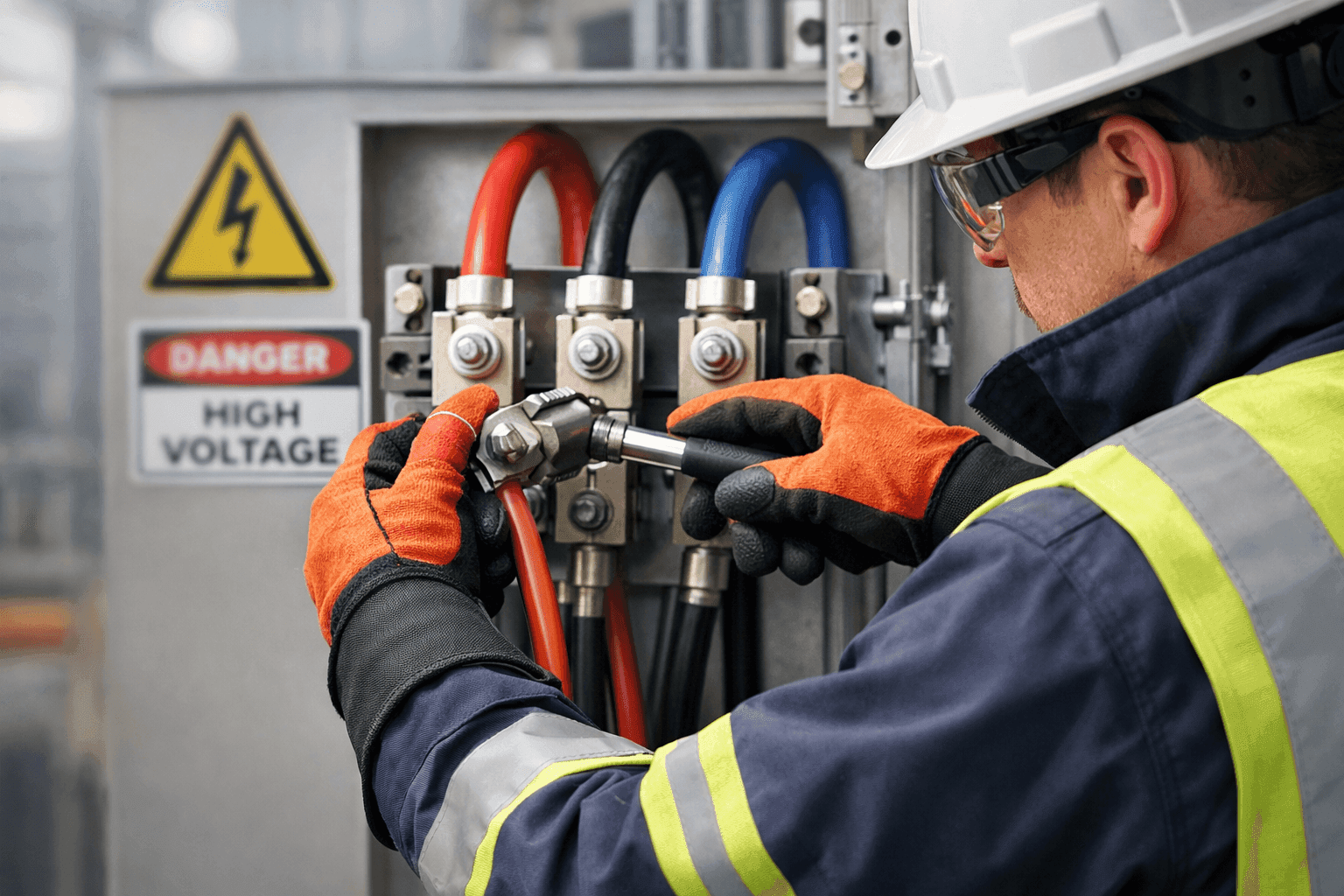 Electrician working on high-voltage wiring in industrial facility