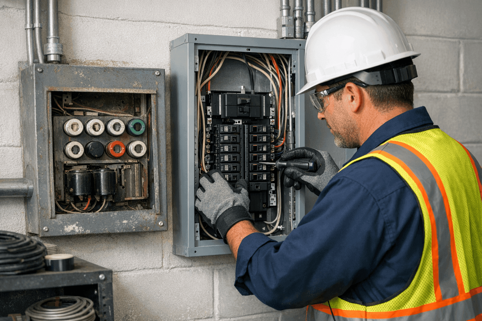 Electrician upgrading old fuse box to modern breaker panel