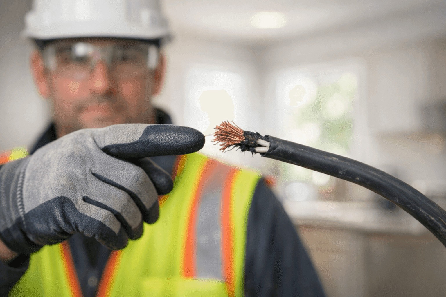 Electrician pointing out frayed wiring hazard in home