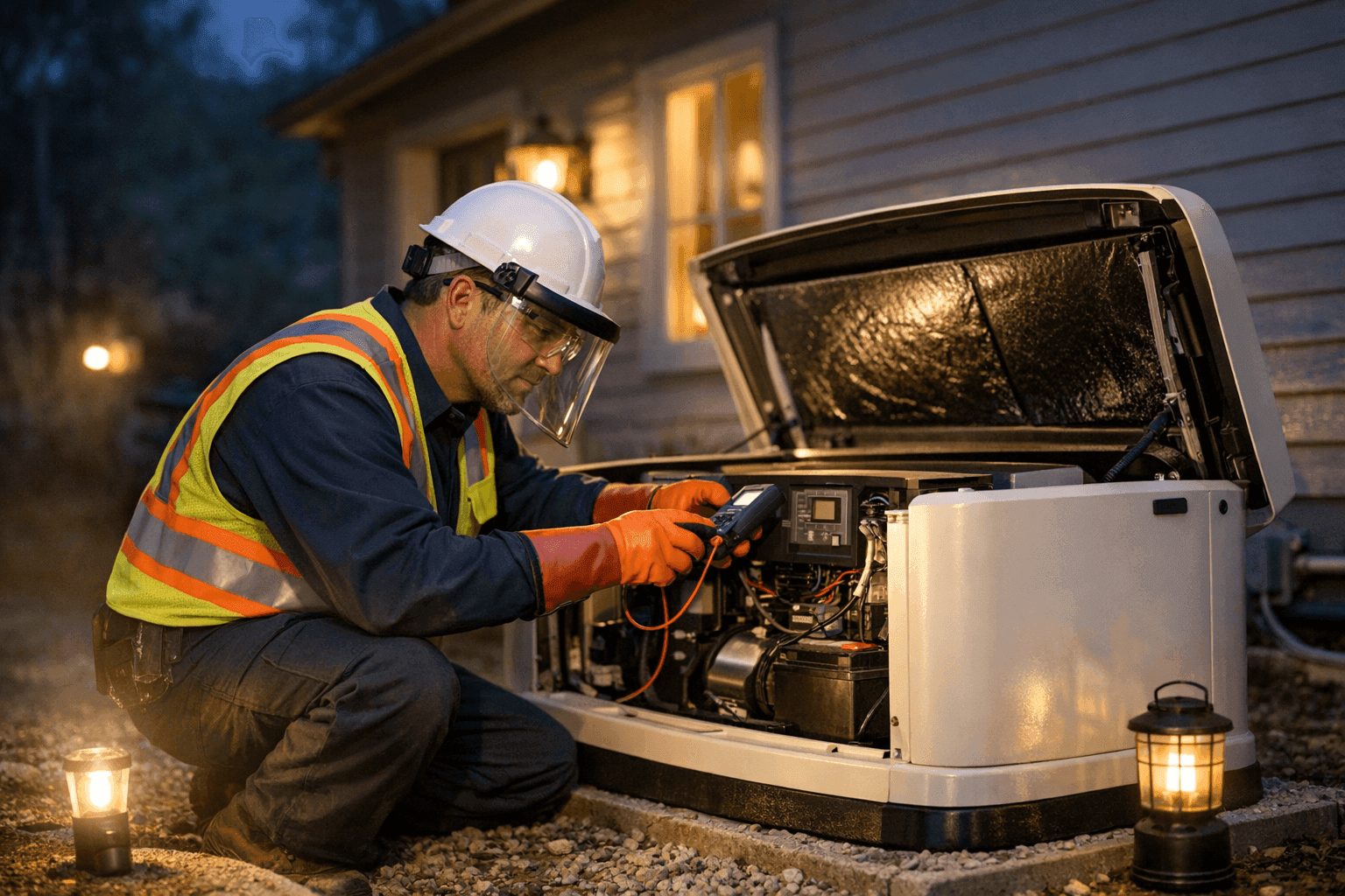 Electrician checking backup generator during home power outage