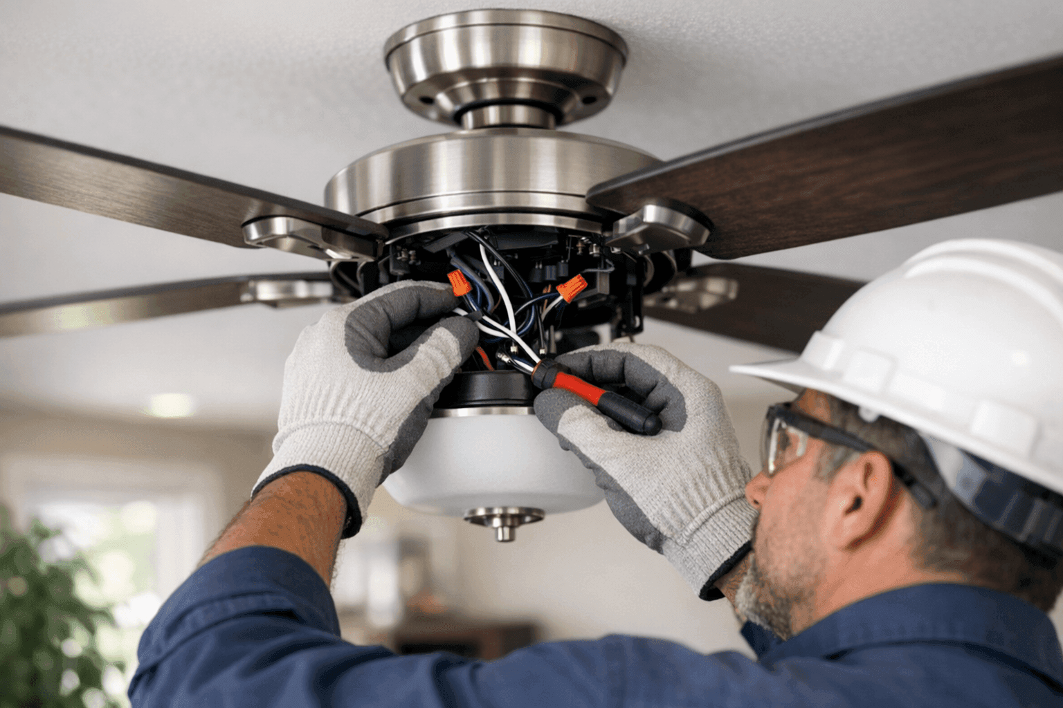 Electrician repairing modern ceiling fan in home