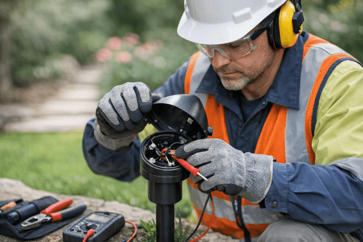 Electrician repairing malfunctioning outdoor lighting in yard