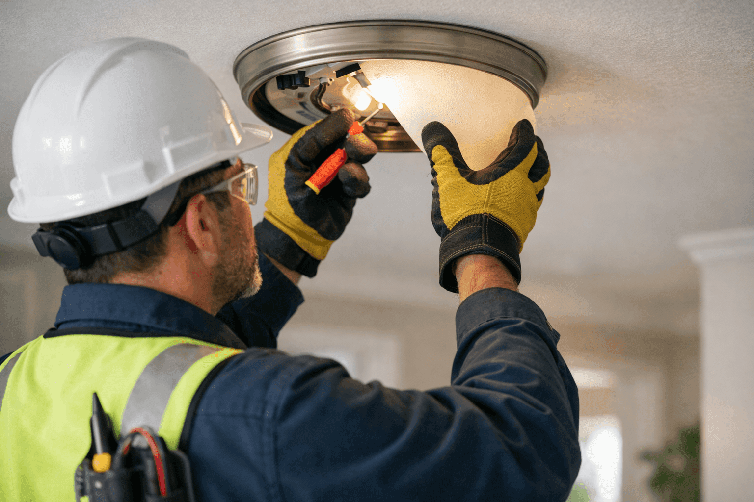 Electrician checking a flickering light fixture in home
