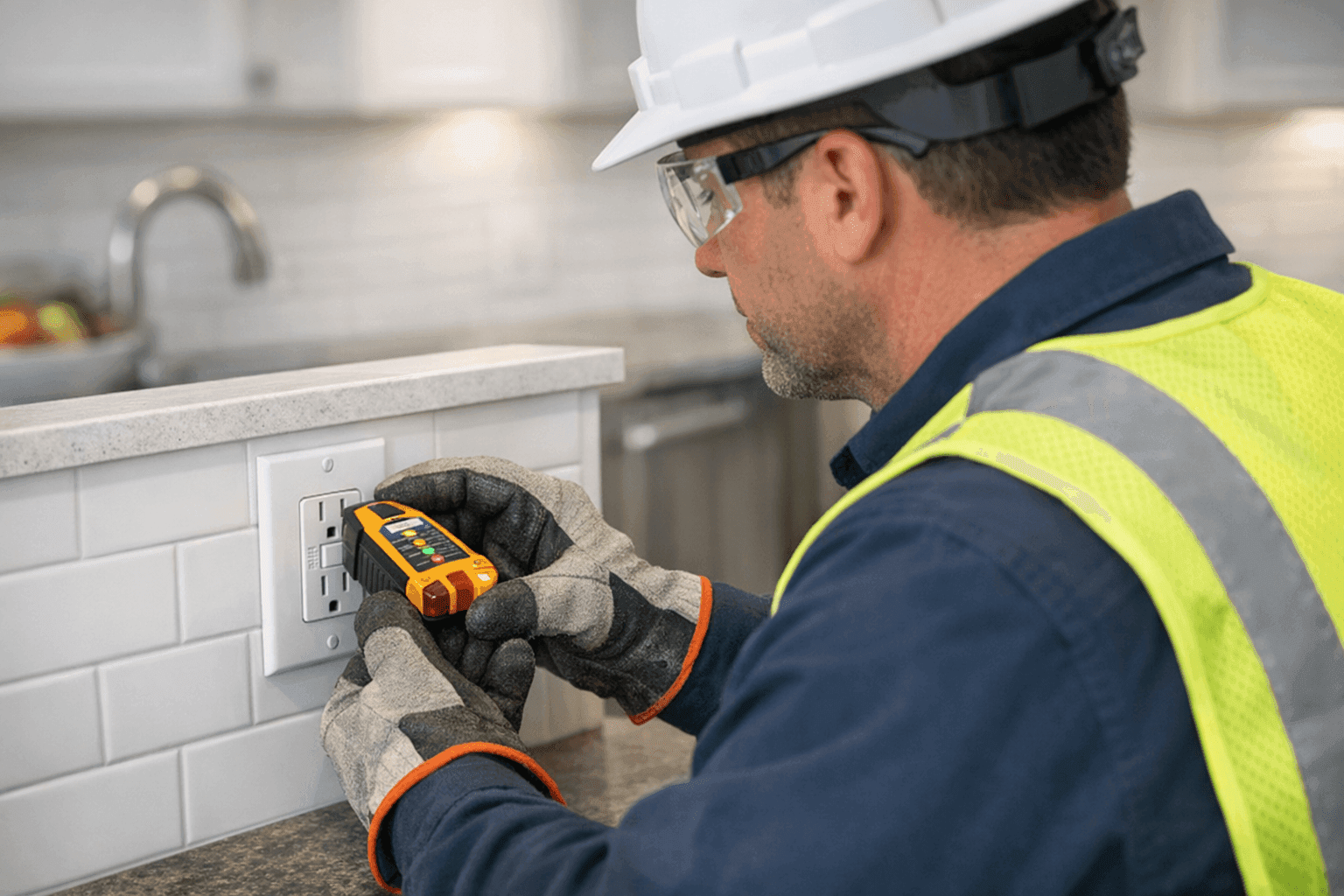 Electrician testing GFCI outlet in kitchen
