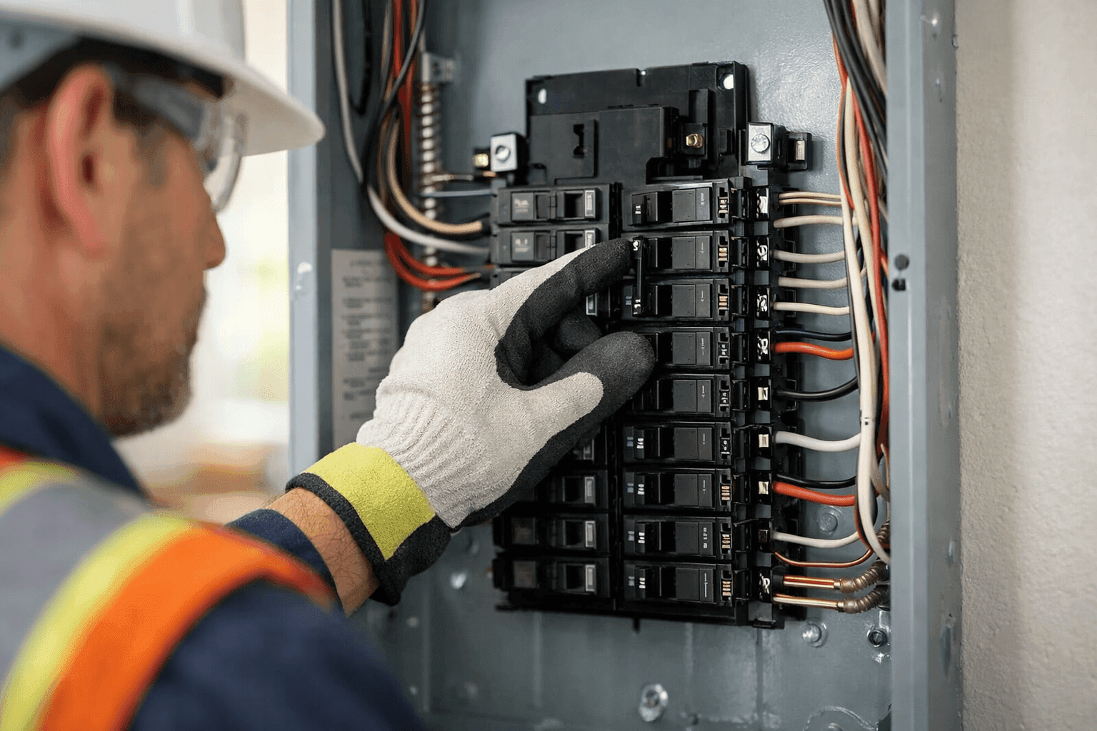 Electrician inspecting tripped breaker in residential panel
