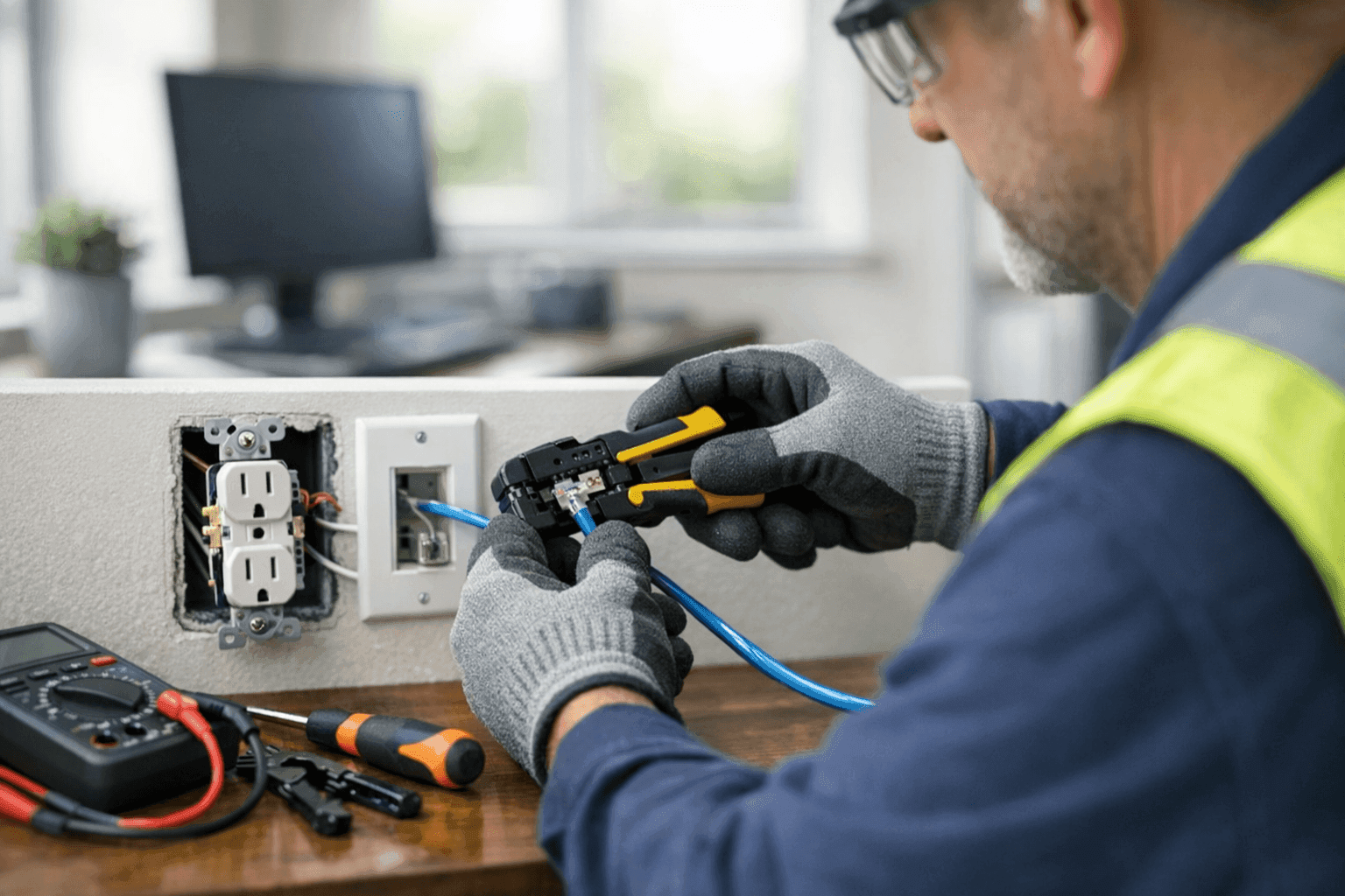 Electrician upgrading outlets and data cabling in home office