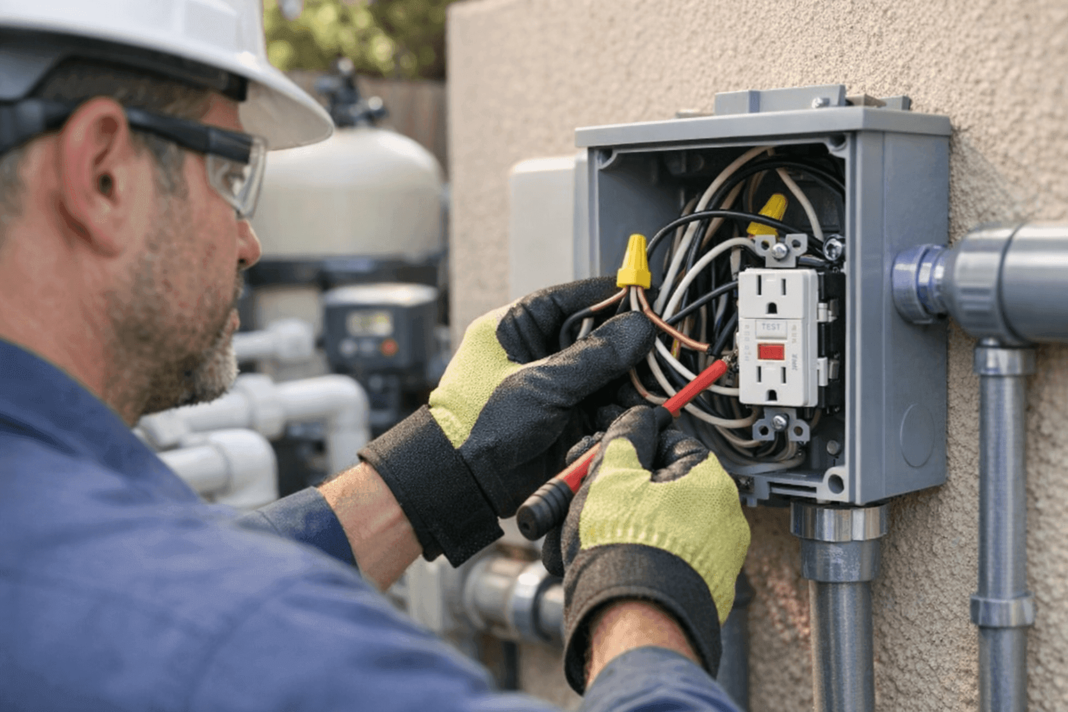 Electrician inspecting pool equipment wiring for safety