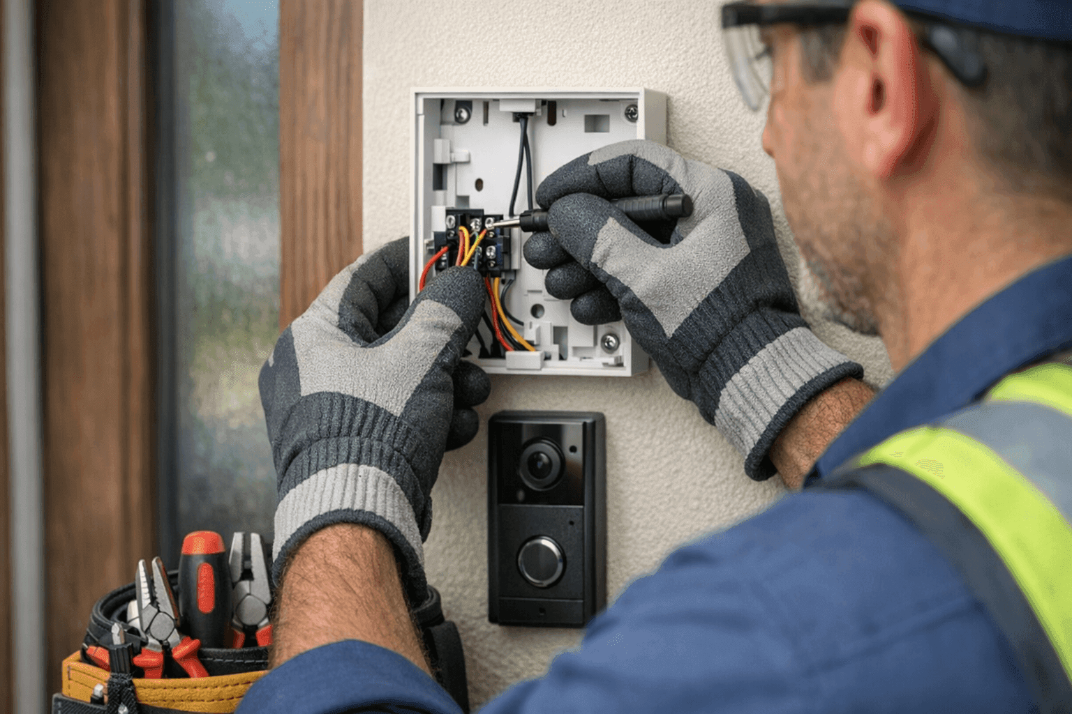Electrician wiring a doorbell system at a home entryway