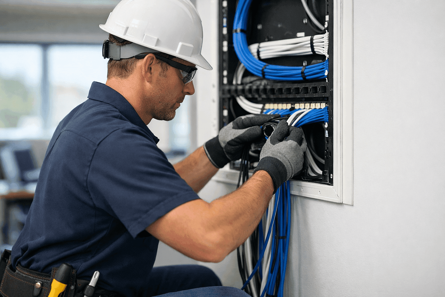 Electrician installing low voltage cabling in office