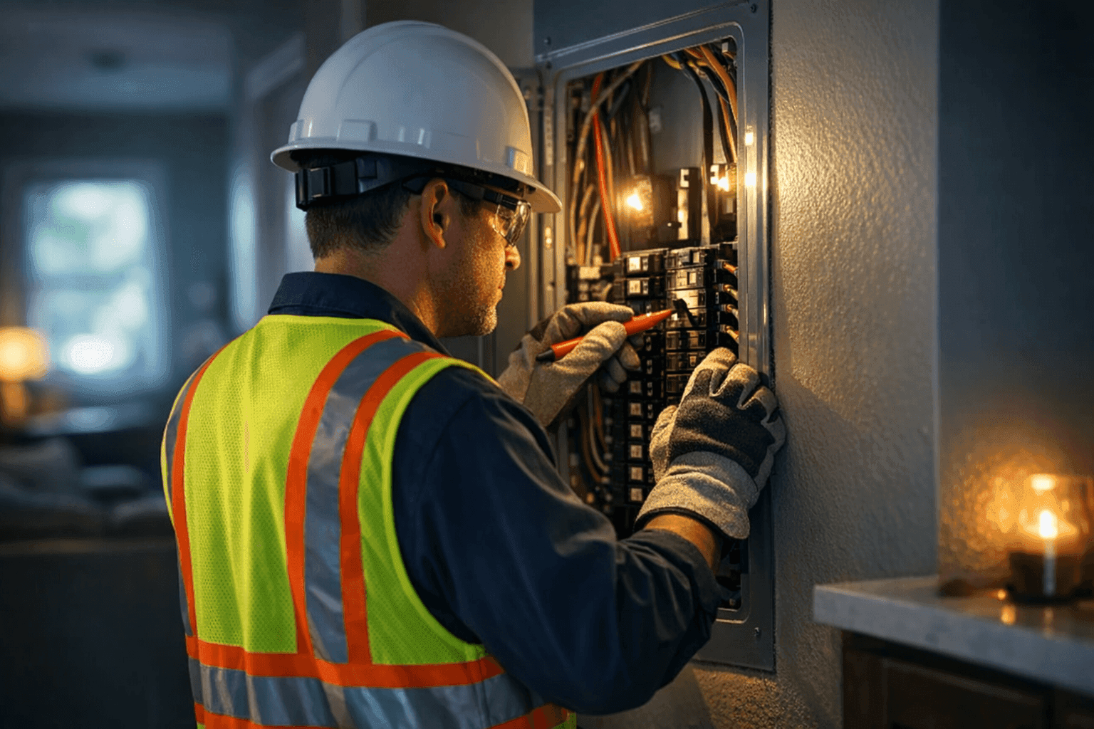 Electrician responding to a home electrical emergency with safety gear