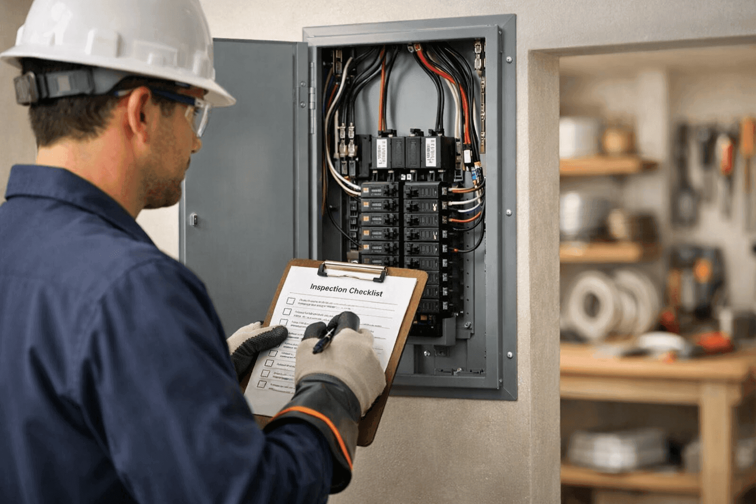 Electrician conducting safety check with inspection checklist