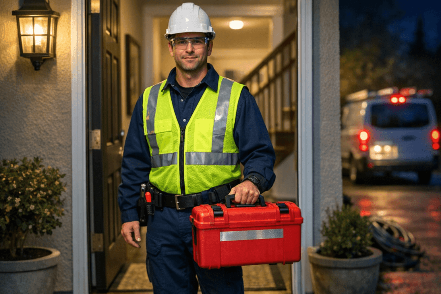 Electrician arriving for 24 hour emergency service at night