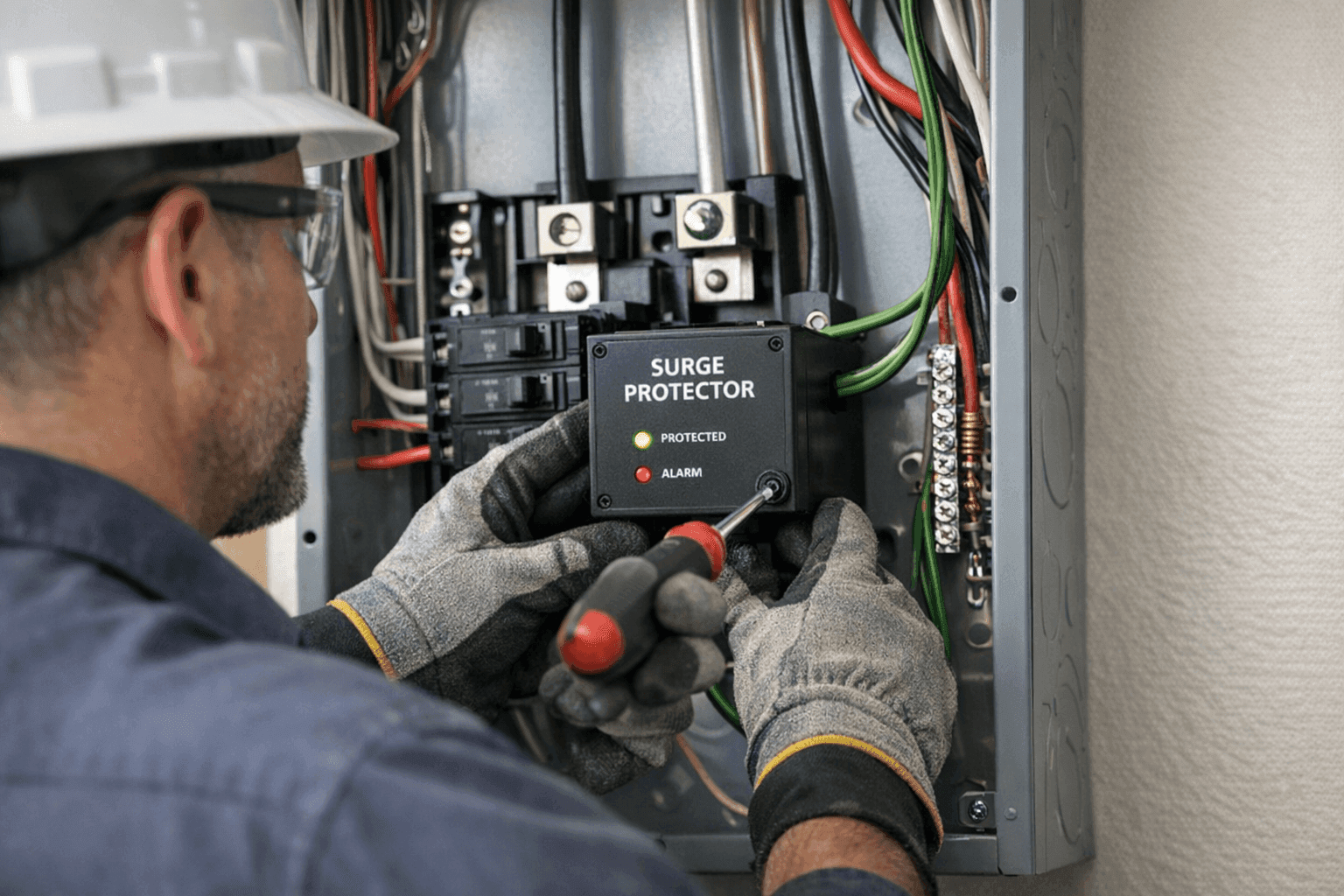 Electrician installing a surge protector at the main panel